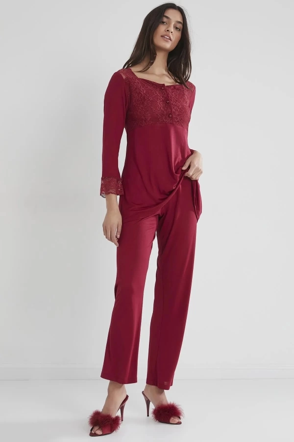 Pierre Cardin Kadın Penye Dantelli Pijama Takımı 1241 - Bordo