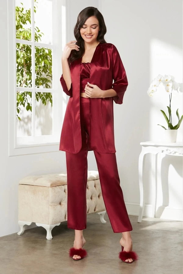 Pierre Cardin Saten 3lü Croplu Kadın Pijama Takımı 2075 - Bordo