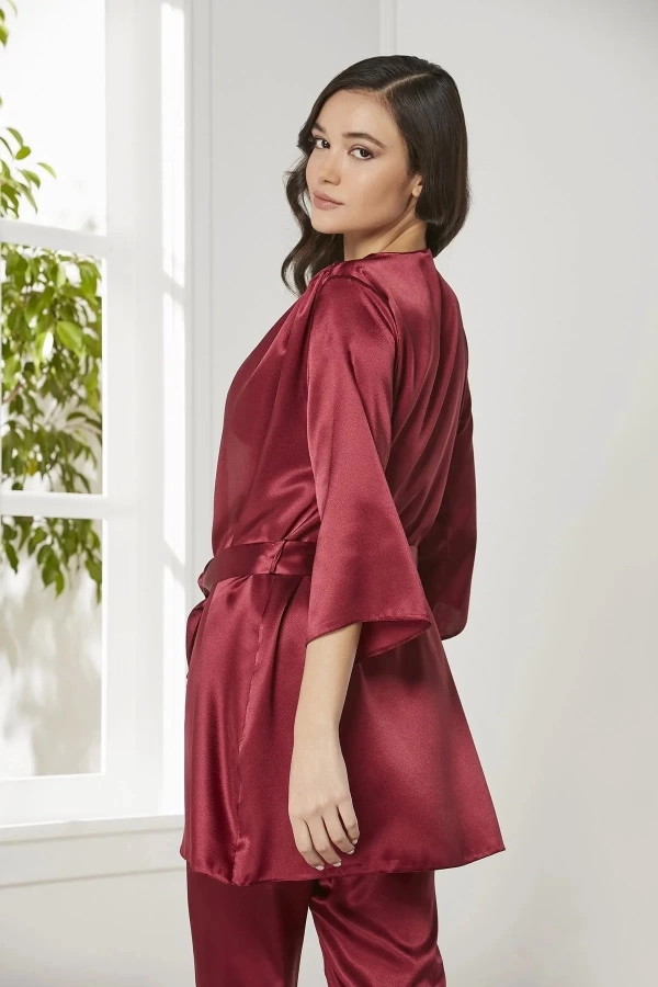 Pierre Cardin Saten 3lü Croplu Kadın Pijama Takımı 2075 - Bordo