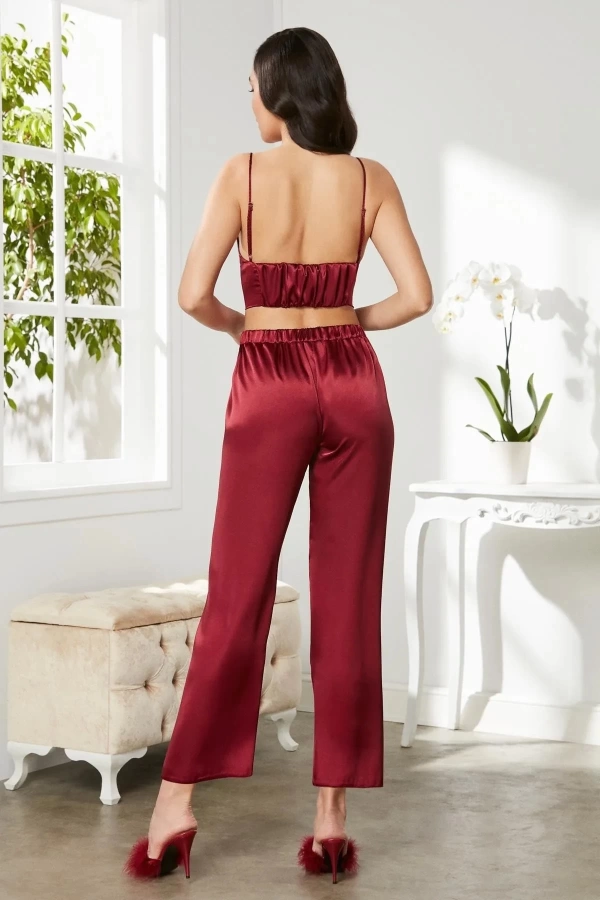 Pierre Cardin Saten 3lü Croplu Kadın Pijama Takımı 2075 - Bordo