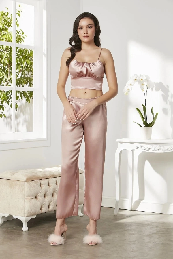 Pierre Cardin Saten 3lü Croplu Kadın Pijama Takımı 2075 - Brandy