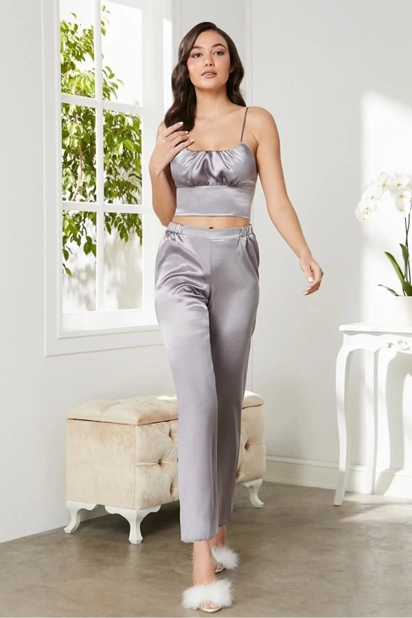 Pierre Cardin Saten 3lü Croplu Kadın Pijama Takımı 2075 - Royal