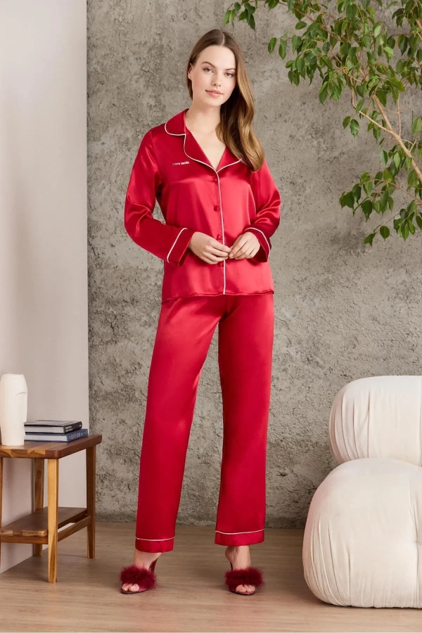 Pierre Cardin Saten Biyeli Pijama Takımı 1200 - Kırmızı