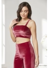 Pierre Cardin Kadife Saten 3lü Kadın Croplu Pijama Takımı 2050 - Bordo