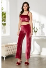 Pierre Cardin Kadife Saten 3lü Kadın Croplu Pijama Takımı 2050 - Bordo