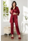 Pierre Cardin Saten 3lü Croplu Kadın Pijama Takımı 2075 - Bordo