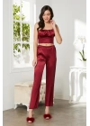 Pierre Cardin Saten 3lü Croplu Kadın Pijama Takımı 2075 - Bordo