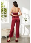 Pierre Cardin Saten 3lü Croplu Kadın Pijama Takımı 2075 - Bordo