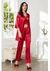 Pierre Cardin Saten 3lü Croplu Kadın Pijama Takımı 2075 - Kırmızı