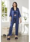 Pierre Cardin Saten 3lü Croplu Kadın Pijama Takımı 2075 - Lacivert