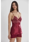 Pierre Cardin Saten Dantelli Şort Babydoll Takım 415 - Bordo