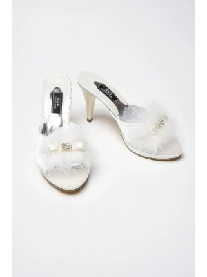 GC Taşlı Kaztüyü Platform Gelin Çeyiz Terliği - Ev Terliği 175 - Ekru