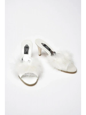 GC Topuklu Önü Tüylü Gelin Çeyiz Terliği - Ev Terliği 155 - Ekru