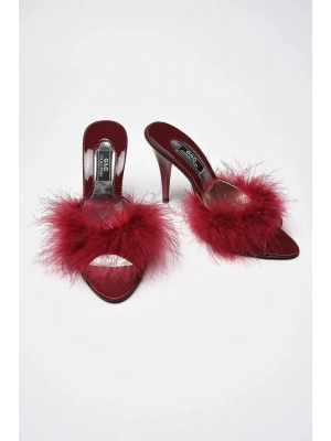 GC Topuklu Tüy Aksesuarlı Gelin Çeyiz Terliği - Ev Terliği 225 - Bordo