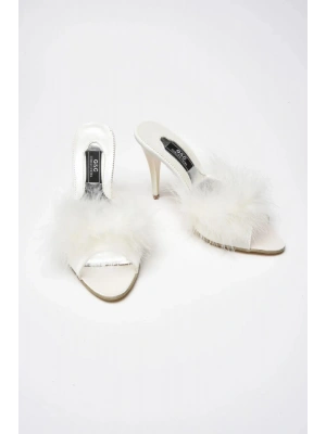 GC Topuklu Tüy Aksesuarlı Gelin Çeyiz Terliği - Ev Terliği 225 - Ekru