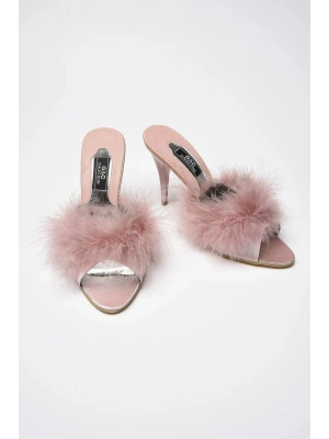 GC Topuklu Tüy Aksesuarlı Gelin Çeyiz Terliği - Ev Terliği 225 - Pudra