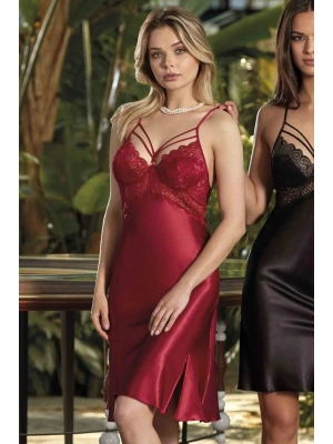 Nurteks Dantelli Saten Bordo Gecelik 5434