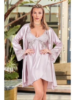 Nurteks Saten Dantel Detaylı Pudra Kimono Takım 5344