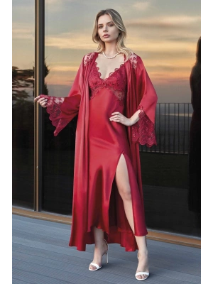 Nurteks Saten Dantelli Bordo Gecelik Sabahlık Takım 5184