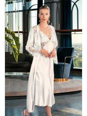 Nurteks Saten Dantelli Ekru Gecelik Sabahlık Takım 5184