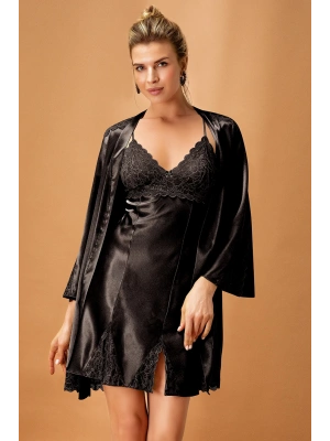Nurteks Saten Siyah Kimono Takım 5325