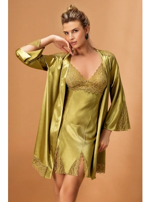 Nurteks Saten Yeşil Kimono Takım 5325