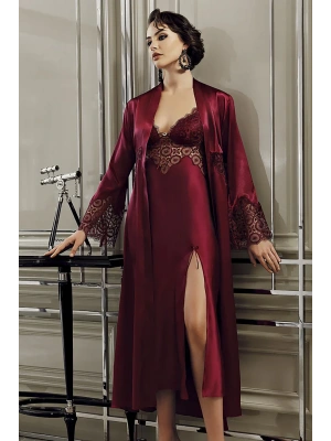 Perin Bayan 6lı Uzun Saten Gecelik Sabahlık Takımı 9200 Bordo