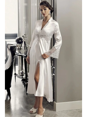 Perin Bayan 6lı Uzun Saten Gecelik Sabahlık Takımı 9200 Ekru