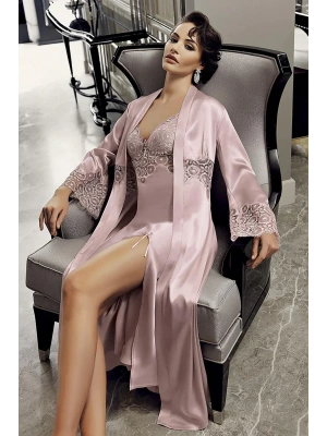 Perin Bayan 6lı Uzun Saten Gecelik Sabahlık Takımı 9200 Pudra