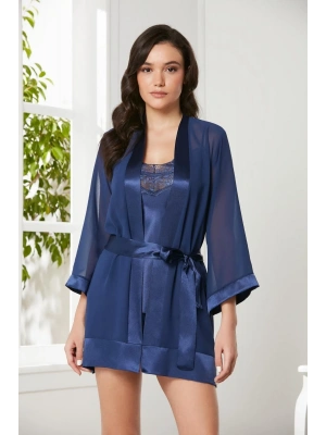 Pierre Cardin 3lü Saten Gecelik ve Şifon Sabahlık Takımı 2475 - Lacivert