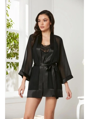 Pierre Cardin 3lü Saten Gecelik ve Şifon Sabahlık Takımı 2475 - Siyah