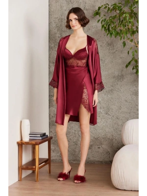 Pierre Cardin 6lı Saten Gecelik Sabahlık Takım Çeyiz Seti 6000 - Bordo