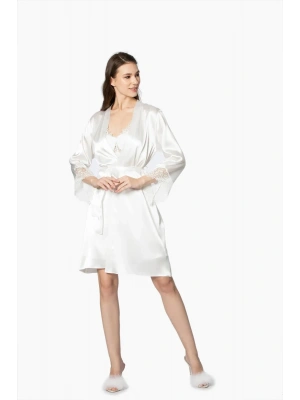 Pierre Cardin 6lı Saten Gecelik Sabahlık Takım Çeyiz Seti 6040 - Ekru