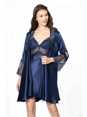 Pierre Cardin 6lı Saten Gecelik Sabahlık Takım Çeyiz Seti 6625 - Lacivert