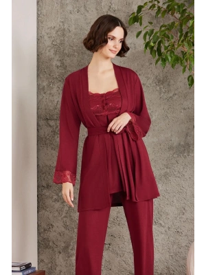 Pierre Cardin Dantelli Penye 3lü Kadın Lohusa Pijama Takımı 2805 - Bordo