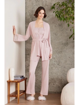 Pierre Cardin Dantelli Penye 3lü Kadın Lohusa Pijama Takımı 2805 - Pudra