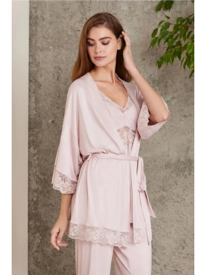 Pierre Cardin Dantelli Penye 3lü Kadın Pijama Takımı 2810 - Pudra