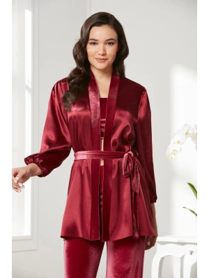 Pierre Cardin Kadife Saten 3lü Kadın Croplu Pijama Takımı 2050 - Bordo