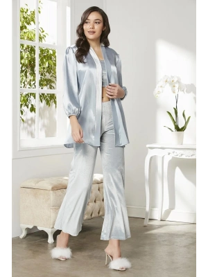 Pierre Cardin Kadife Saten 3lü Kadın Croplu Pijama Takımı 2050 - Mist