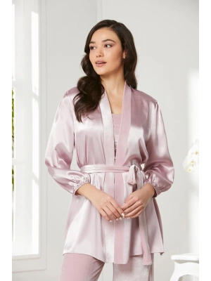 Pierre Cardin Kadife Saten 3lü Kadın Croplu Pijama Takımı 2050 - Pudra