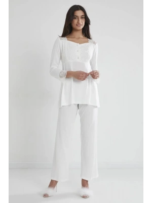 Pierre Cardin Kadın Penye Dantelli Pijama Takımı 1241 - Ekru