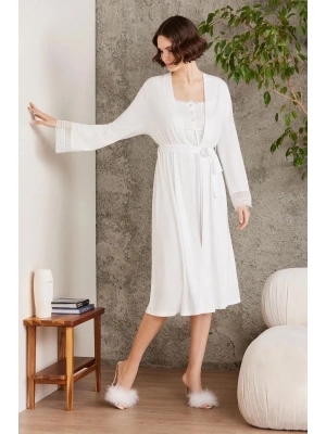 Pierre Cardin Penye Dantelli Gecelik ve Sabahlık Takımı 4005 - Ekru