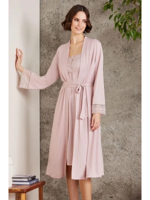 Pierre Cardin Penye Dantelli Gecelik ve Sabahlık Takımı 4005 - Pudra