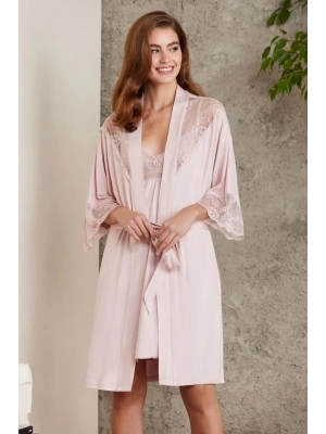 Pierre Cardin Penye Dantelli Gecelik ve Sabahlık Takımı 4010 - Pudra