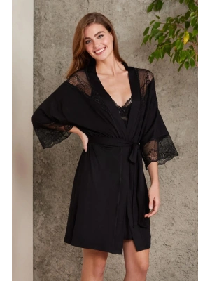 Pierre Cardin Penye Dantelli Gecelik ve Sabahlık Takımı 4010 - Siyah