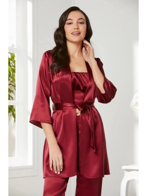 Pierre Cardin Saten 3lü Croplu Kadın Pijama Takımı 2075 - Bordo