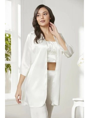 Pierre Cardin Saten 3lü Croplu Kadın Pijama Takımı 2075 - Ekru