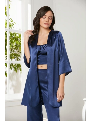 Pierre Cardin Saten 3lü Croplu Kadın Pijama Takımı 2075 - Lacivert