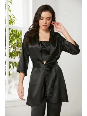 Pierre Cardin Saten 3lü Croplu Kadın Pijama Takımı 2075 - Siyah