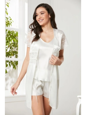 Pierre Cardin Saten Dantelli 3lü Şort Kombi Sabahlık Takımı 2480 - Ekru